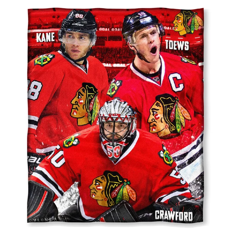 Chenille blankets with a thick and fuzzy textureChenille blankets with a thick and fuzzy textureNHL 575 Blackhawks - Kane, Toews, Crawford Silk Touch Throw