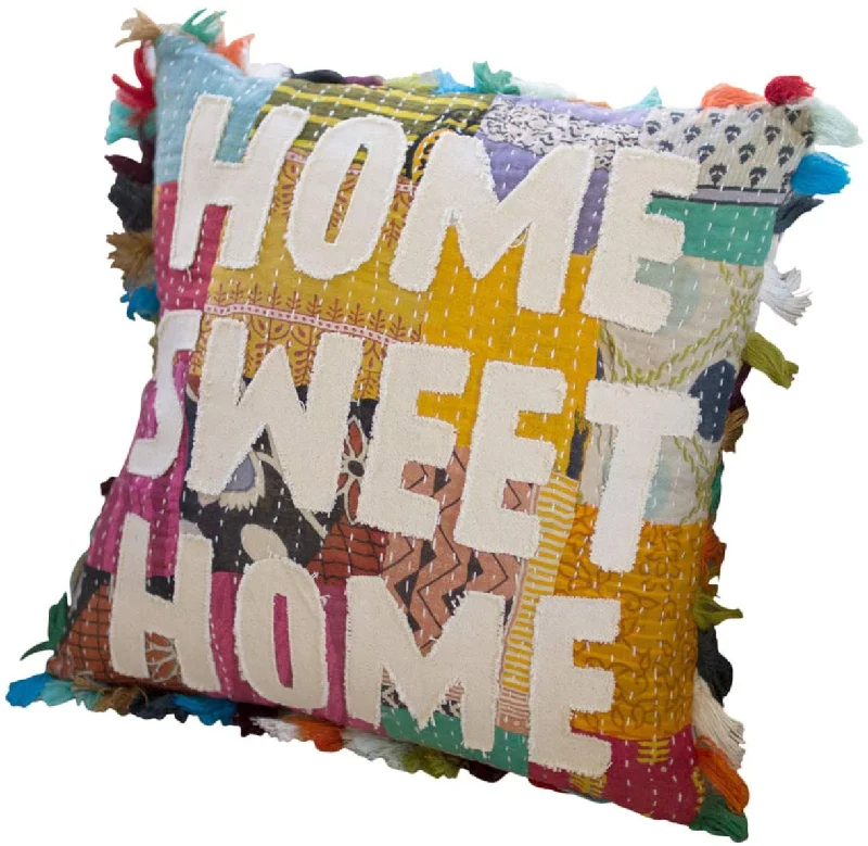 Velvet Pillows for a Touch of EleganceKalalou NRV2083 Home Sweet Home Kantha Pillow with Tassels Set of 2 Velvet Pillows for a Touch of EleganceKalalou NRV2083 Home Sweet Home Kantha Pillow with Tassels Set of 2