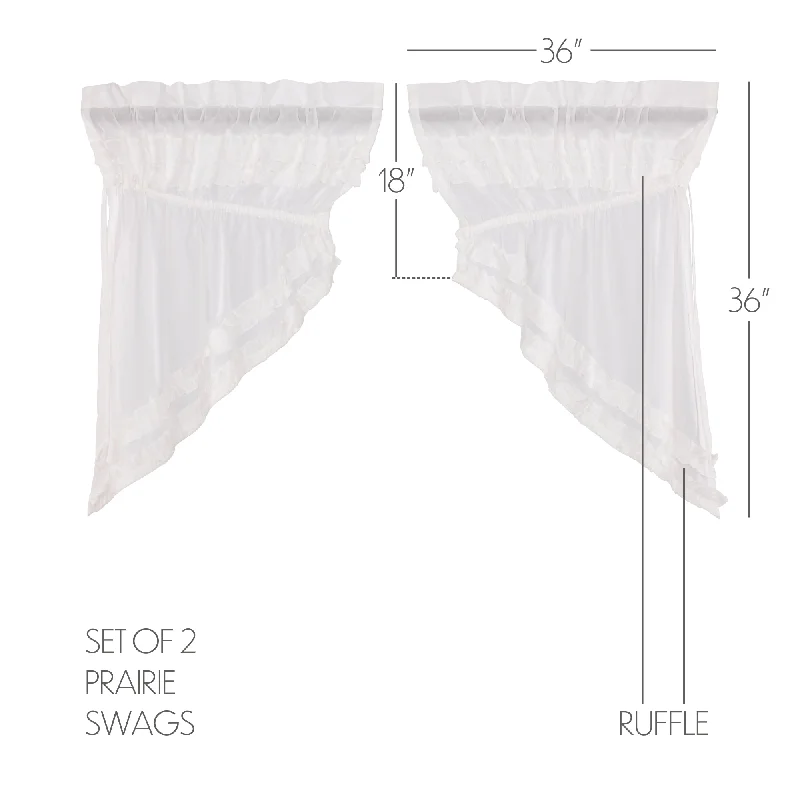 Bed skirts with a satin finish for a shiny appearanceWhite Ruffled Sheer Petticoat Prairie Swag Set of 2 36x36x18