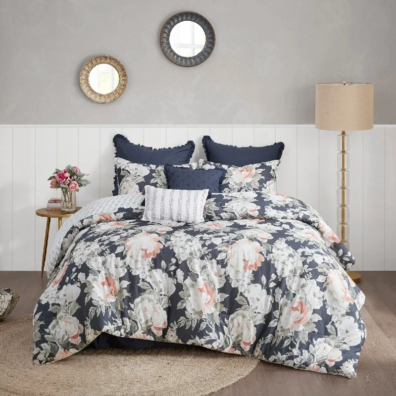 Silk - filled comforters for a luxurious and smooth touchMadison Park Kalina Dark Blue 8 Piece Cotton Printed Reversible Comforter Set