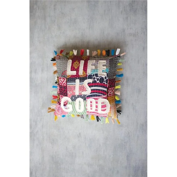 Round Pillows for Boho-Style InteriorsKalalou NRV2133 Life is Good Kantha Pillow