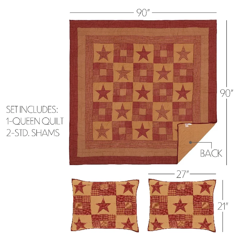 Bed skirts with a high - thread count for a quality feelNinepatch Star Queen Quilt Set; 1-Quilt 90Wx90L w/2 Shams 21x27 Bed skirts with a high - thread count for a quality feelNinepatch Star Queen Quilt Set; 1-Quilt 90Wx90L w/2 Shams 21x27