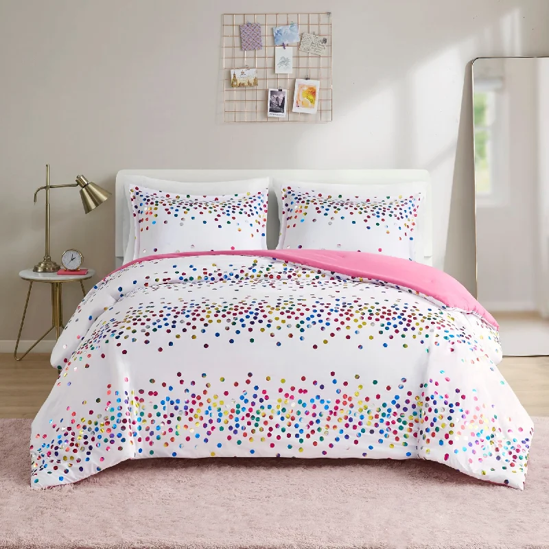 Latex - filled comforters with a bouncy texture and good supportIntelligent Design Cora Rainbow Iridescent Metallic Dot Comforter Set